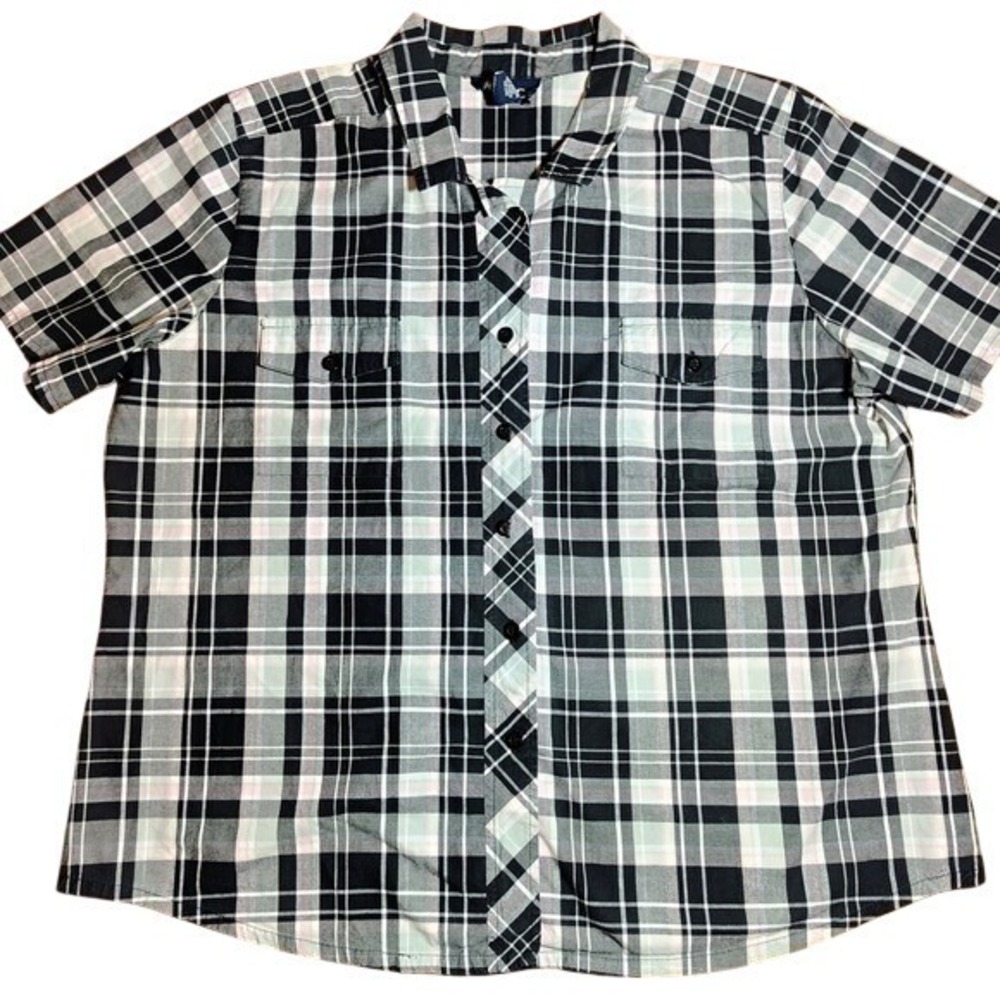 Men's Denim & Co. XL Black White Plaid Short Sleeve Button Down‎ Shirt casual